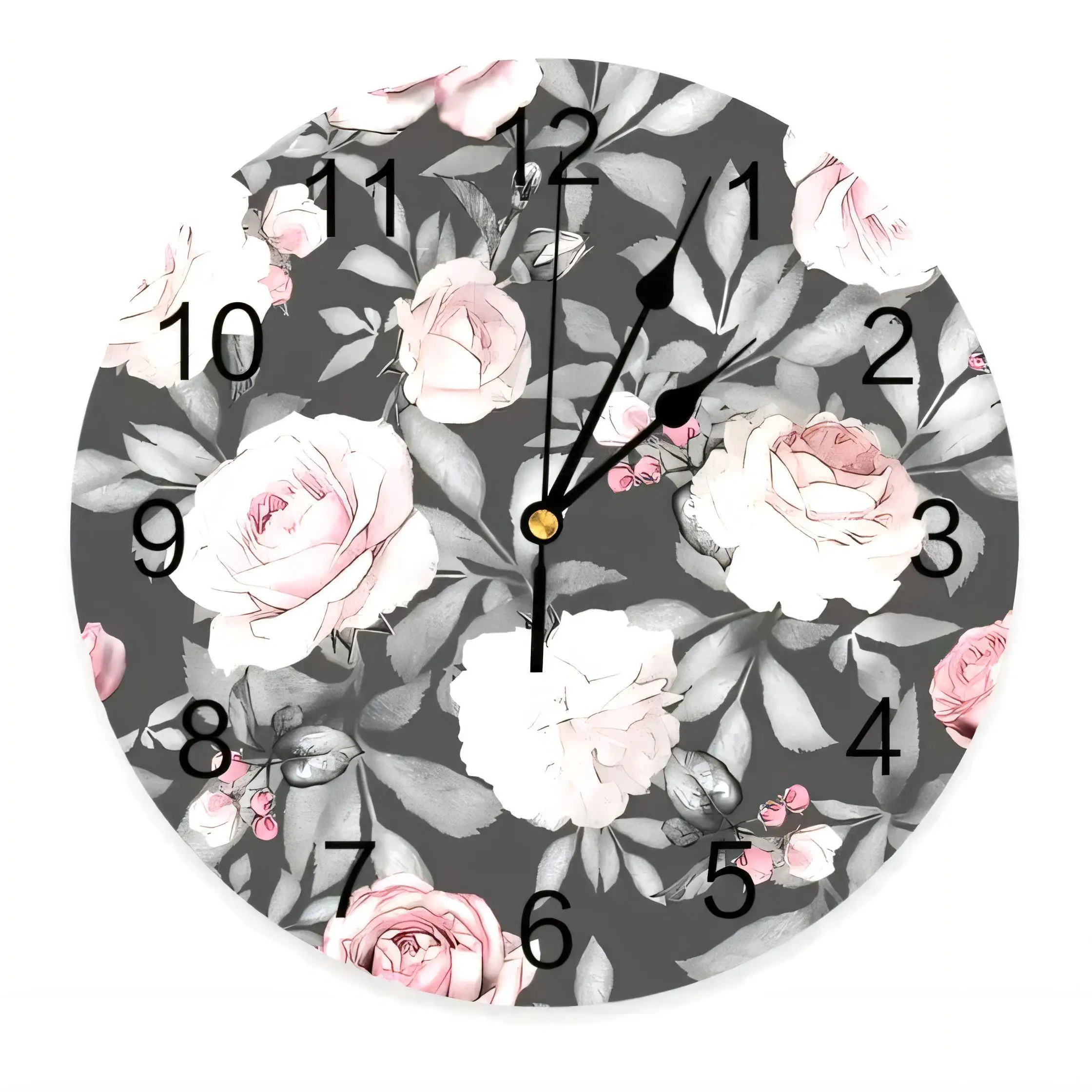 Floral Round Wall Clock Dark Gray Pink Roses  Silent Non Ticking Battery Operated Elegant Home Decor Bathroom Kitchen