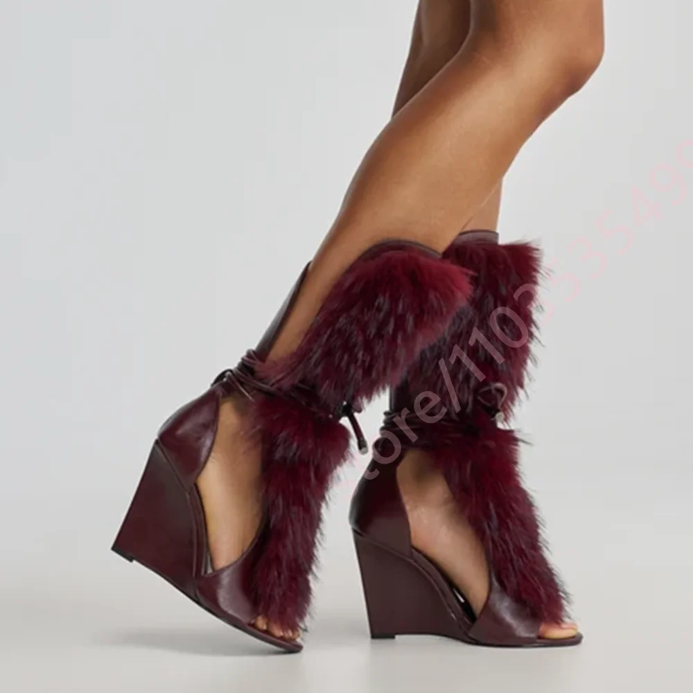 Women Knee High Sandals Open Toe Wedge High Heel Lace Up Wrap Straps Cutout Design 2026 Autumn Furry Fashion Party Dress Boots