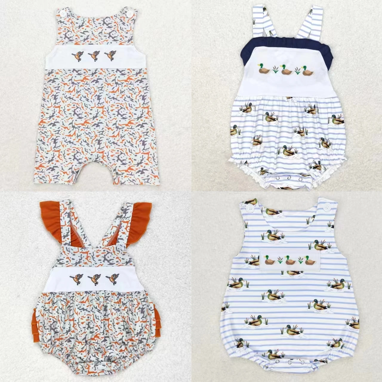 Wholesale Kids Baby Boy Girl Sleeveless Jumpsuit Toddler Embroidery Ducks One-piece Bodysuit Newborn Camo Stripe Coverall Romper