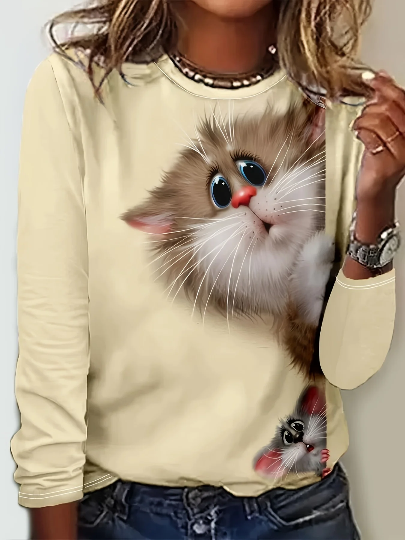 Women's Round Neck Long Sleeve T-Shirt Cute 3D Cat Mouse Print Casual Loose Fit Tops