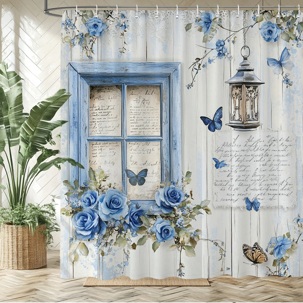 

Blue Flowers and Plants Shower Curtain Printed Bathroom Curtains Nordic Bathtub Curtain Polyester Fabric Home Decor Curtain