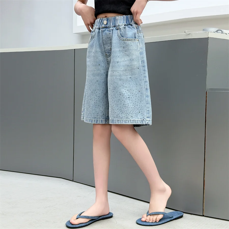 Kids Child Summer y2k Knee Length Crystal Denim Shorts with Rhinestones Girl Harajuku Vintage Pocket Capris Shorts Hip Hop Jeans