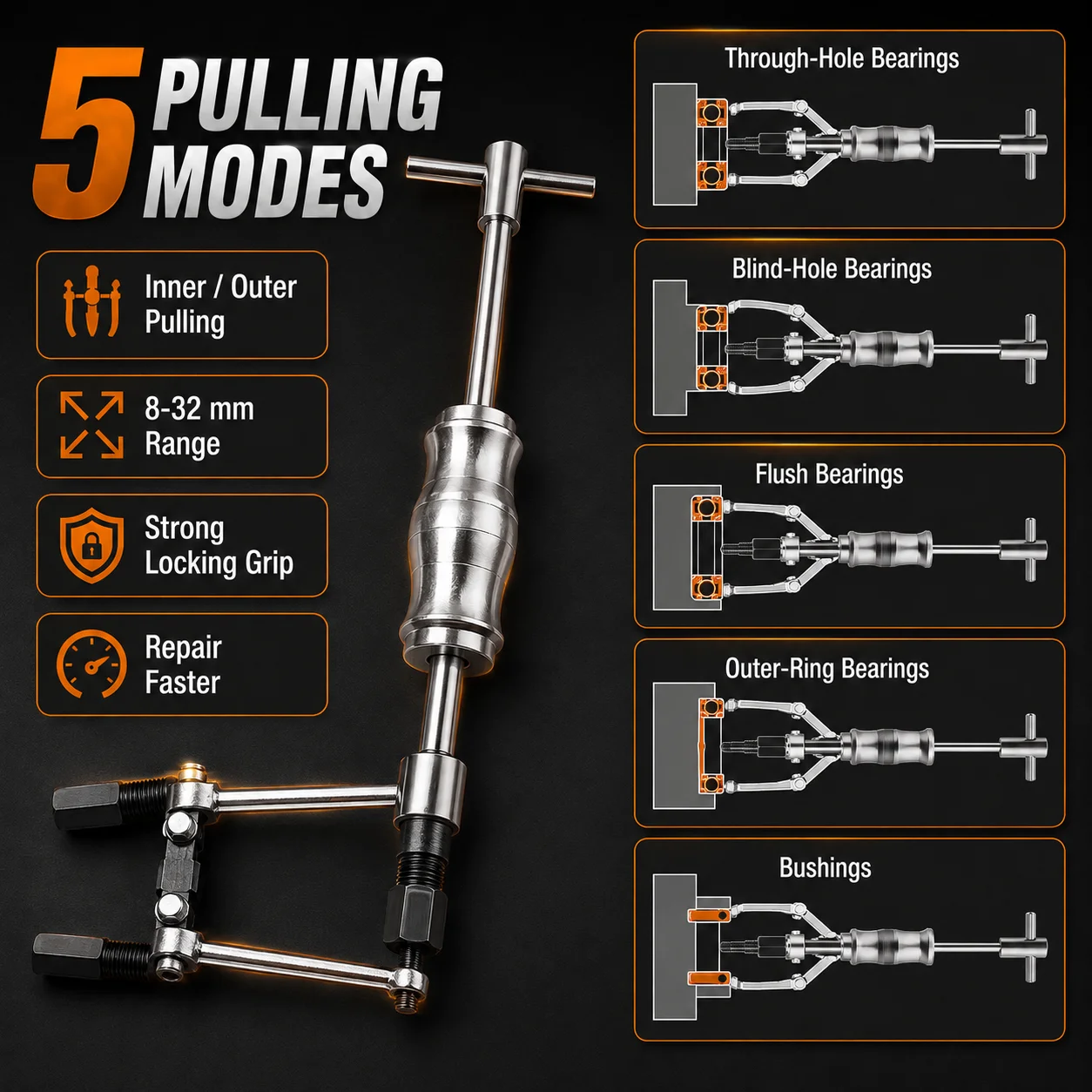 9PCS Bearing Removal Tool Kit 8-32mm Inner Hole Slide Hammer Puller Internal External Extractor Auto Repair Set 40Cr Collets