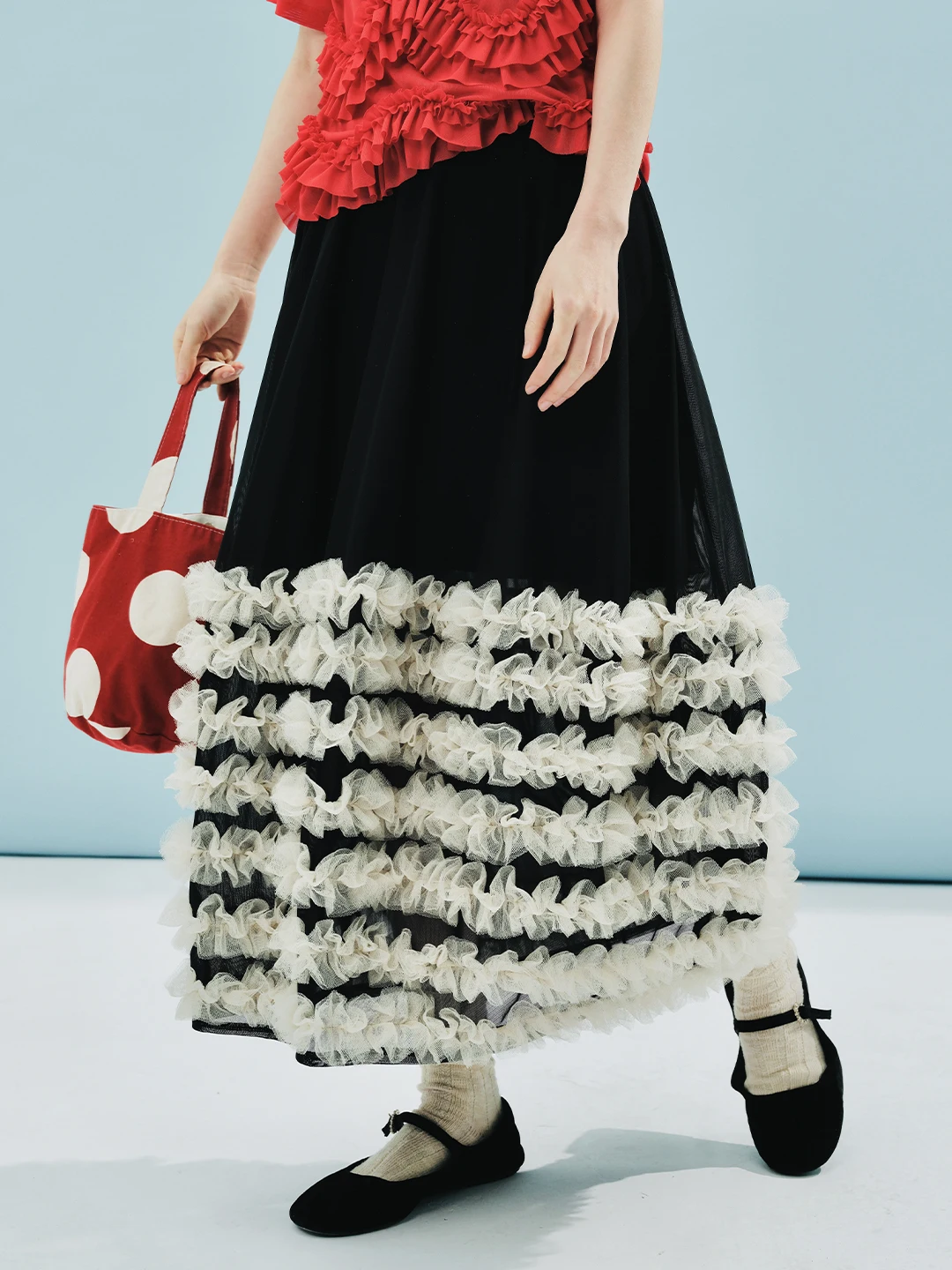 imakokoni 2024 summer new style super dense mesh heavy yarn lace color matching skirt 244619
