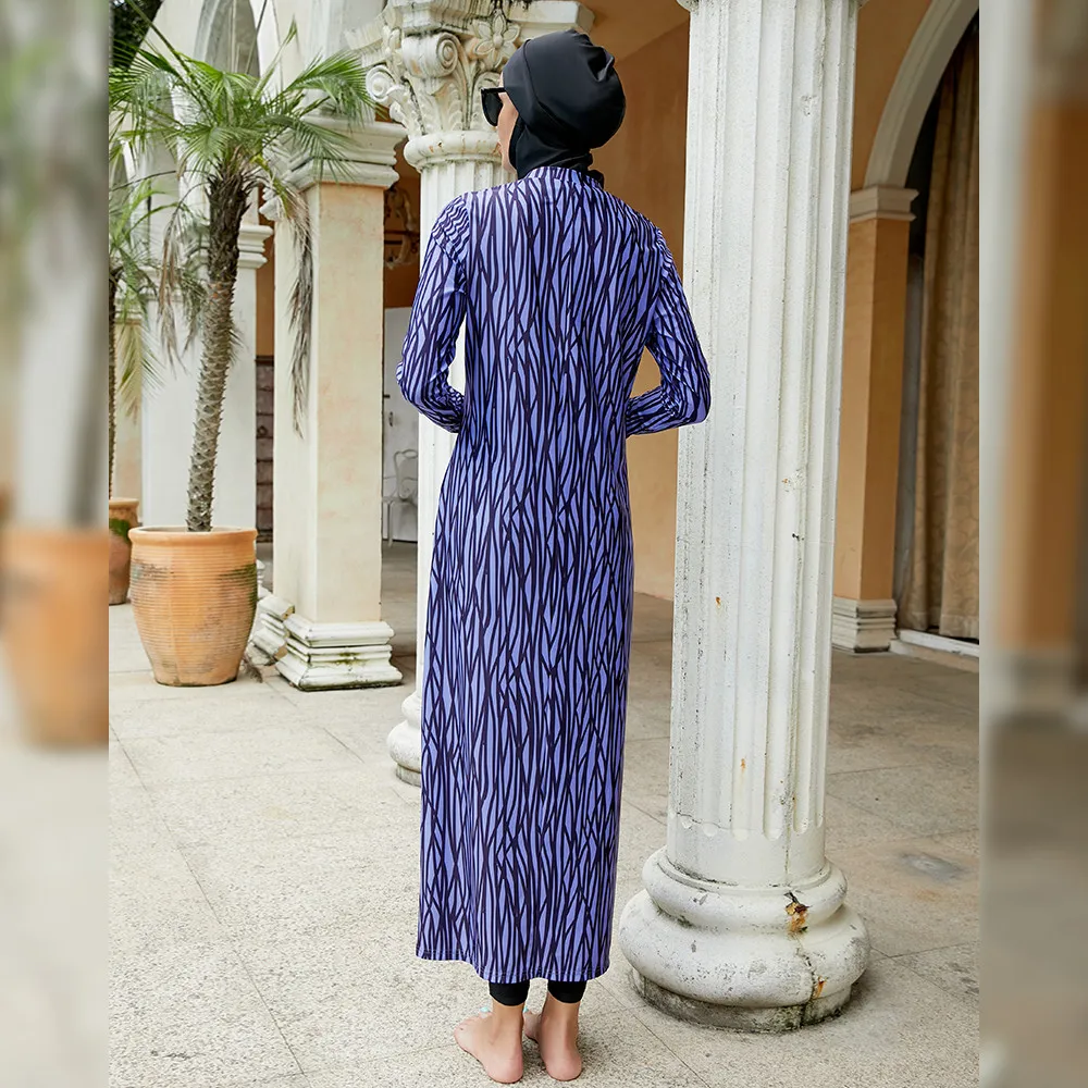 Costumi da bagno donna musulmana a copertura totale Costumi da bagno islamici Abiti modesti da 3 pezzi Strisce a maniche lunghe Stampa Burkini Top