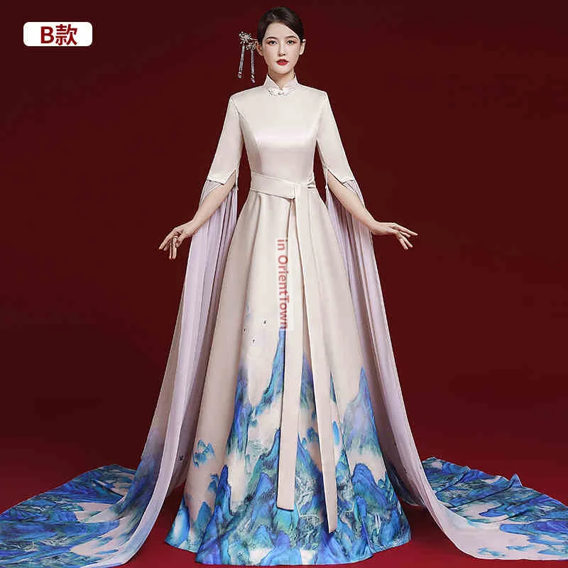 여성 모델 워킹 화려한 치파오 거정 공연 예술 시험 보컬 리딩 가수 의상 앵커우먼 정장 드레스