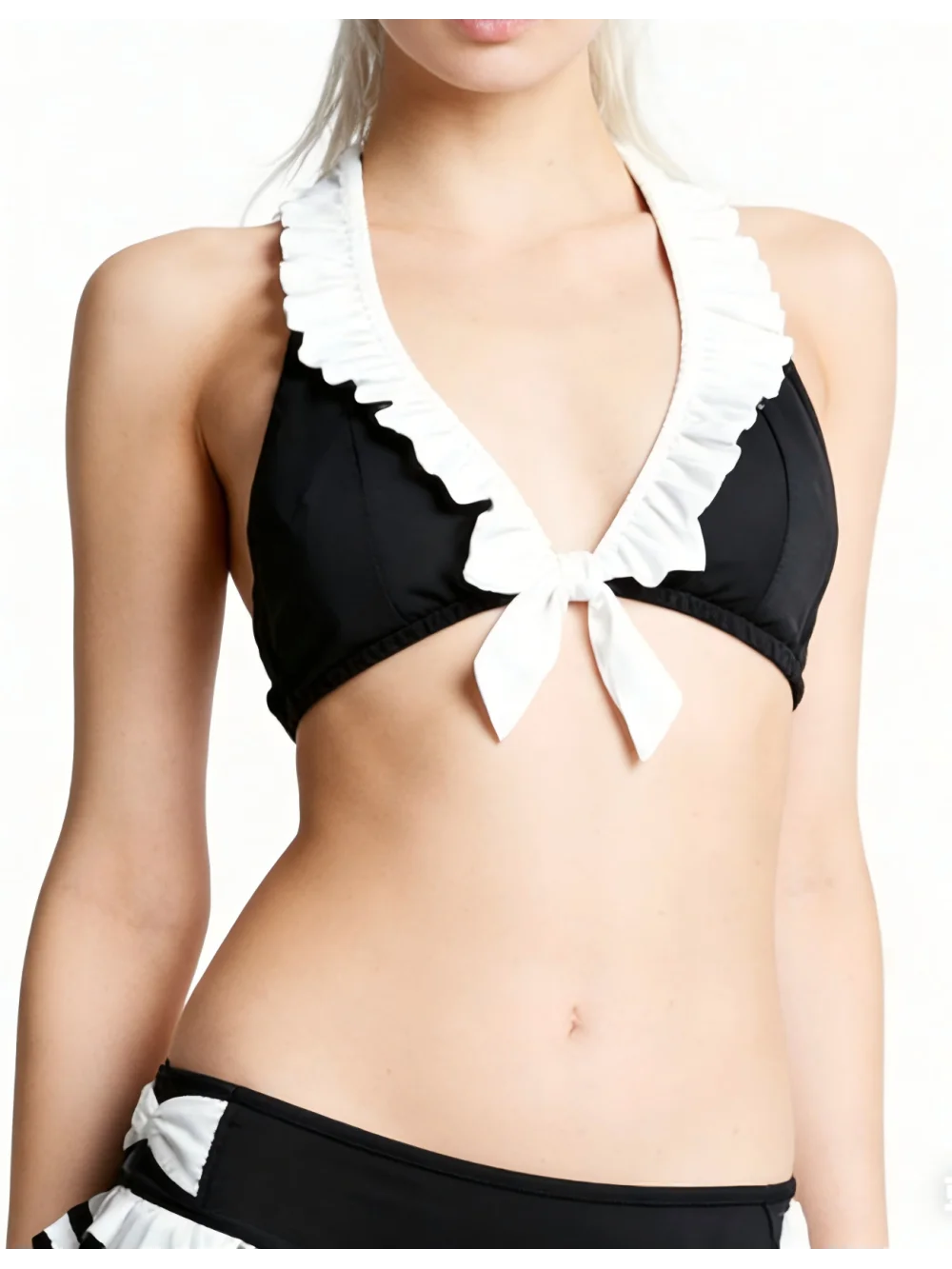 2026 summer new black and white contrasting ruffle edge hanging neck bikini bow tied skirt style split swimsuit women's party