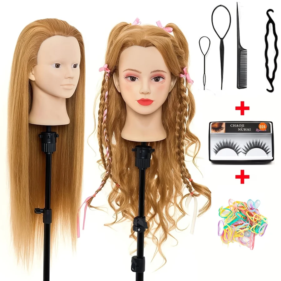 

26-дюймовая косметическая манекен-голова для макияжа с накладными ресницами и набором для укладки волос для обучения и практики плетения кос