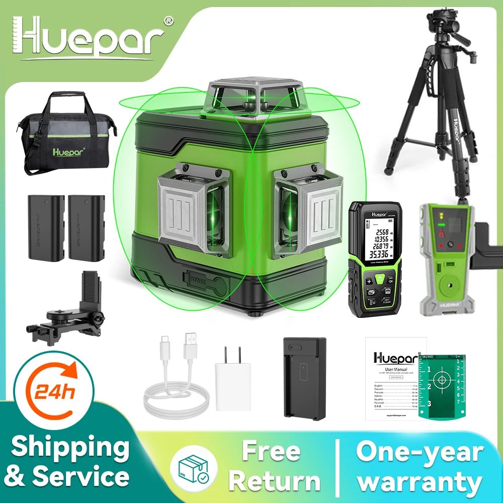 Huepar 3D Cross Line Laser Level 12 Lines Self-Leveling Green Beam Laser Tool Set With 2pcs Li-ion Battery & Tripod & Detector