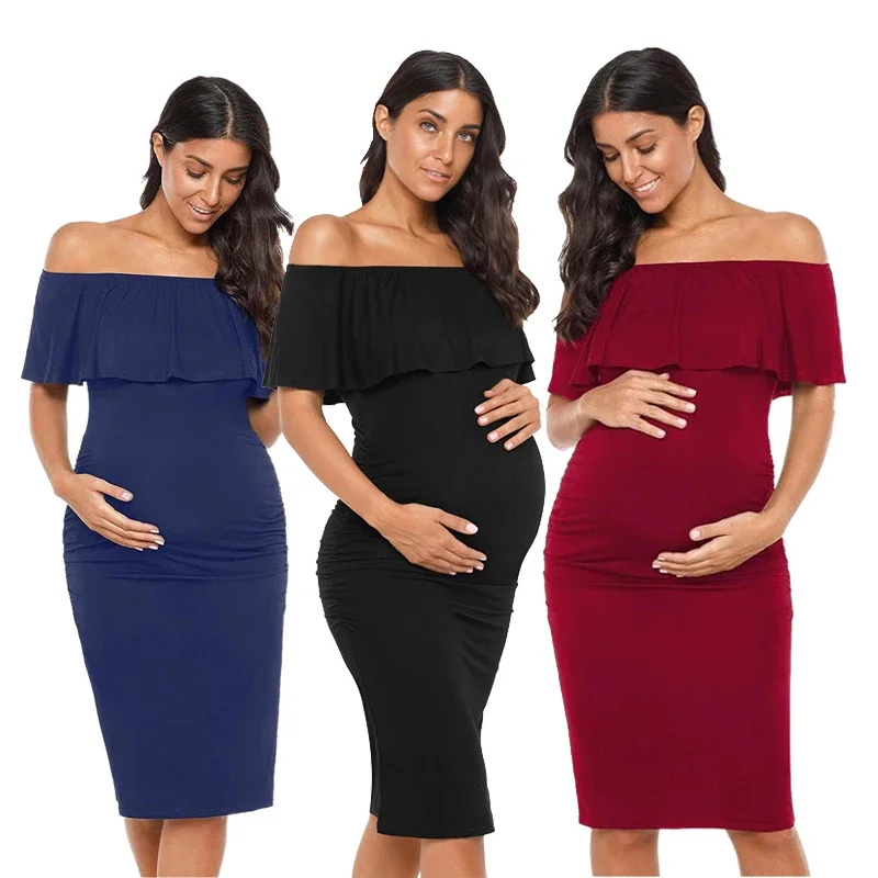 Cotton Nursing Ruffles Maternity Dresses Off Shoulder Pregnancy Ruffle Shoulderless Women Bodycon Dress Summer Pregnant