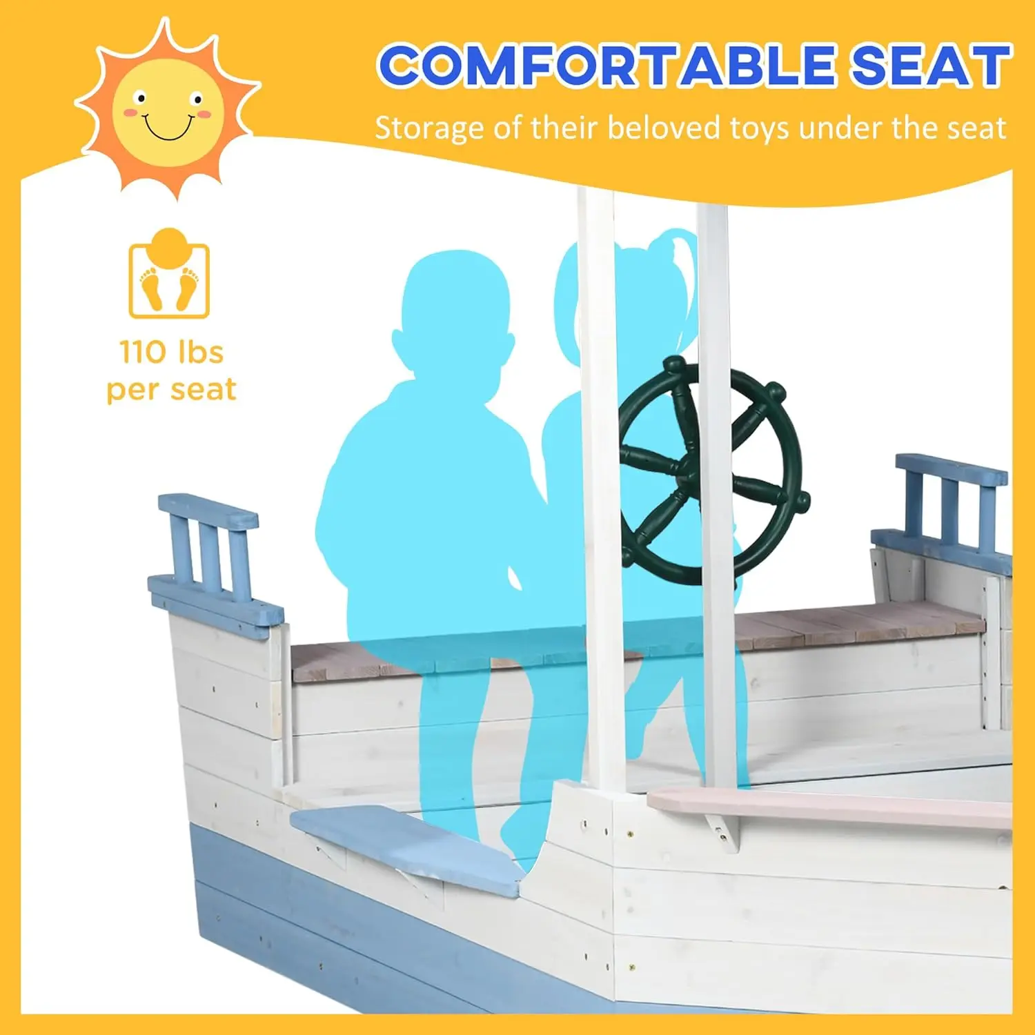 Kids Sandbox with Canopy, Pirate Ship Wooden Sand Boxes with Bench for Backyard, Sand Pit for Toddlers, 83" x 43", Blue