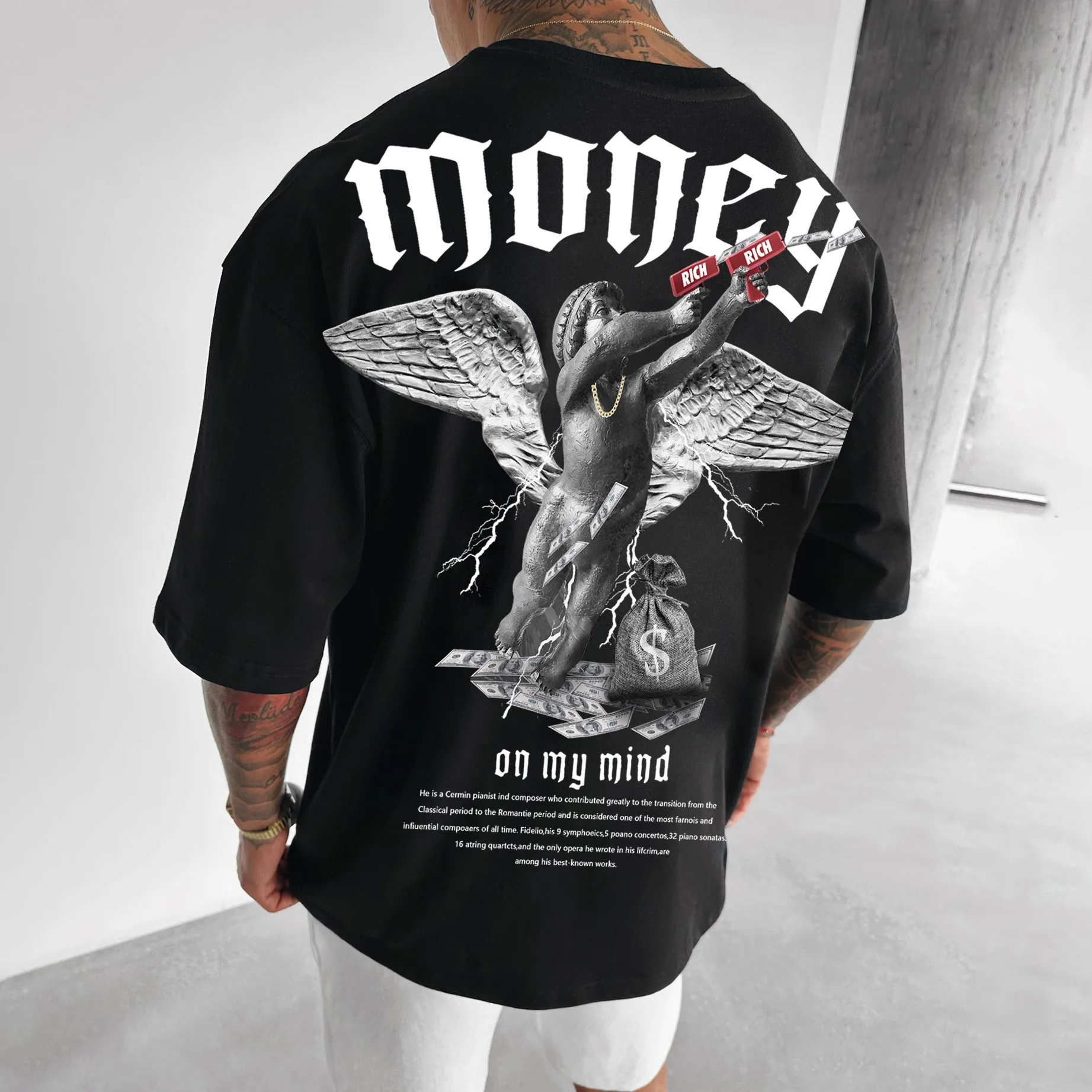 Large Men T-shirt Fashion Cotton Crewneck Men\'s Loose Money Angel Print Short-sleeved Crewneck Tee Women Couple Streetwear