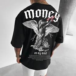 Large Men T-shirt Fashion Cotton Crewneck Men's Loose Money Angel Print Short-sleeved Crewneck Tee Women Couple Streetwear