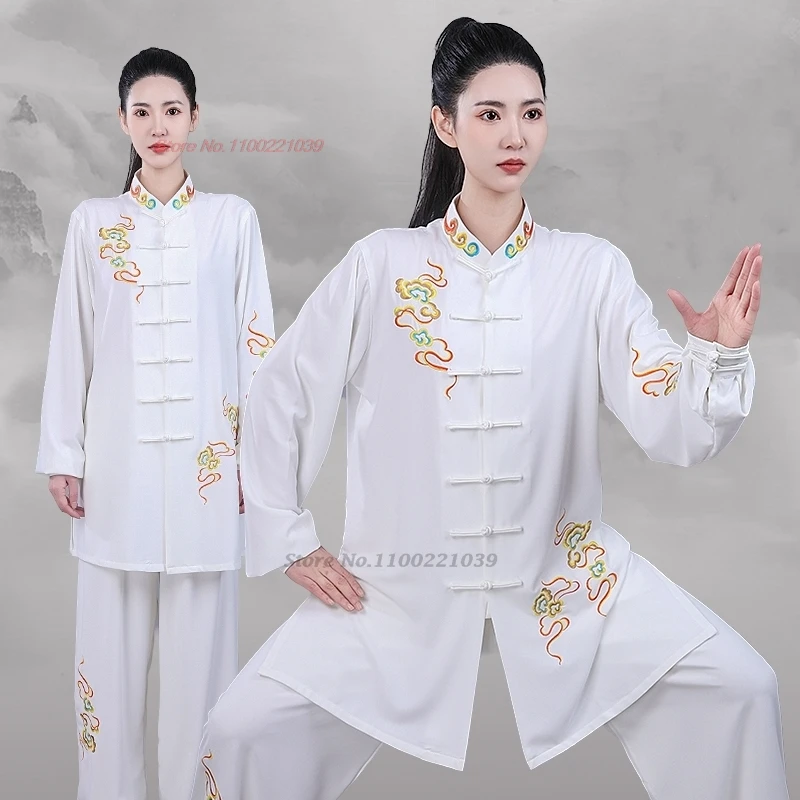 

2024 chinese kung fu tai chi martial arts taijiquan wushu uniform national cloud embroidery tops+pants set wing chun exercise