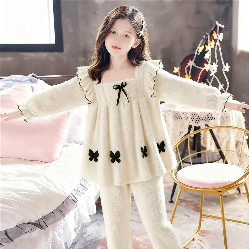 

Kids Winter Plush Fleece Pajama Sets Warm Thickened Girls' Outwear Homewear Cozy Princess Design for Ages 6-12