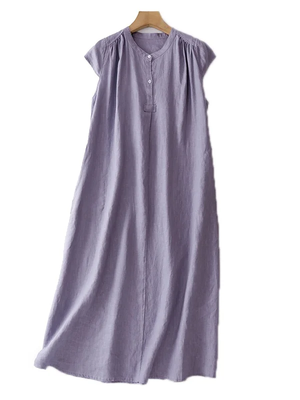 Summer Pure Color Cotton Linen Sleeveless Long Dress A-Line Shirt Dress Casual Loose Waist Gauze Artistic Simple Women's Dress