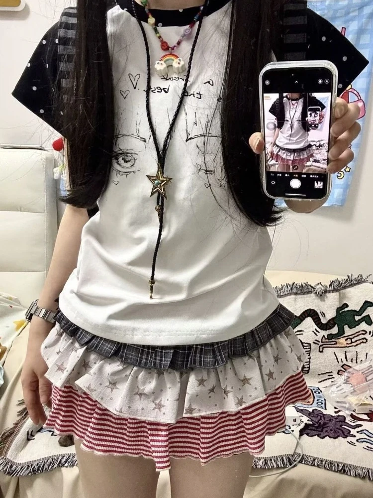Y2k Japan Kawaii Short Party Skirts 2000s Harajuku Vintage Print Striped Patchwork Sweet Lolita Summer Mini Skirts Cake Skirts