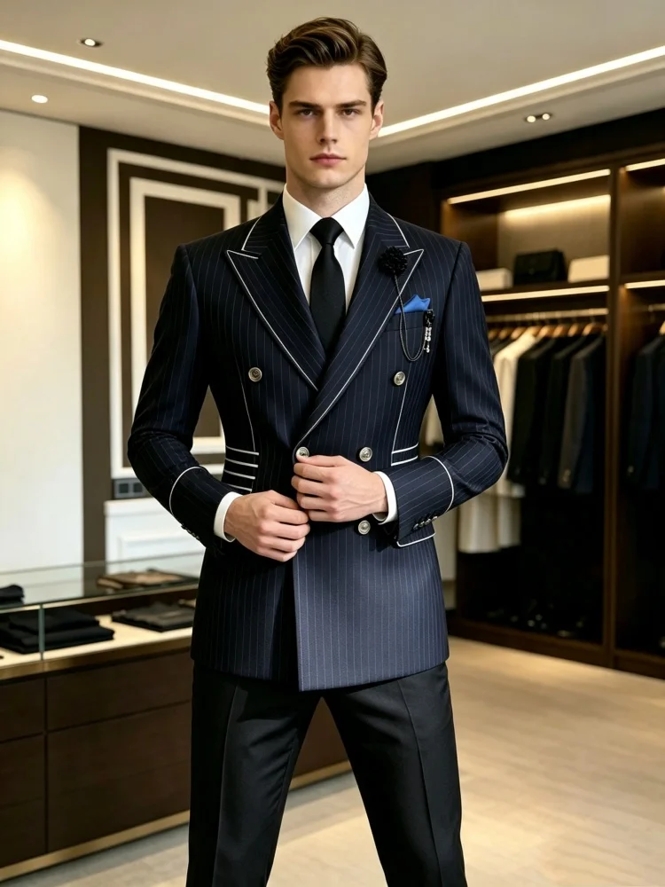 Men Casual Business Slim Fit Navy Pinstripe Blazer Double Breasted Contrast Piping Peak Lapel Wedding Groom Party Suit Jacket
