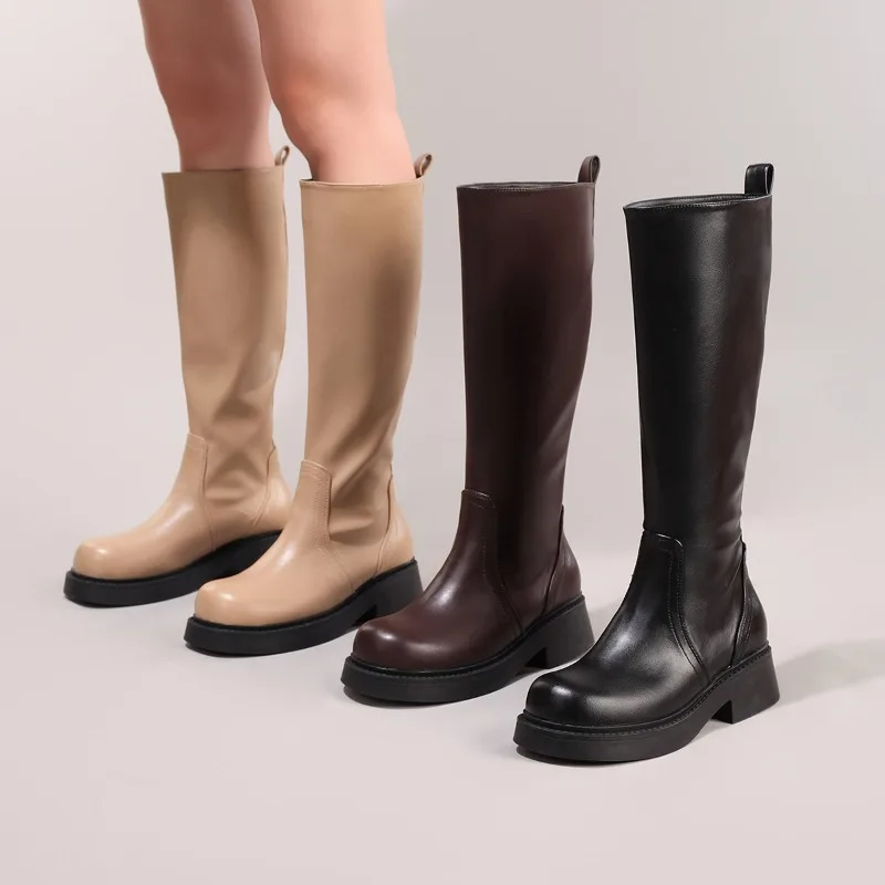 

Черные женские высокие сапоги из мягкой кожи на толстой подошве, повседневные эластичные сапоги высокого качества с круглым носком, модные сапоги до колена на платформе
