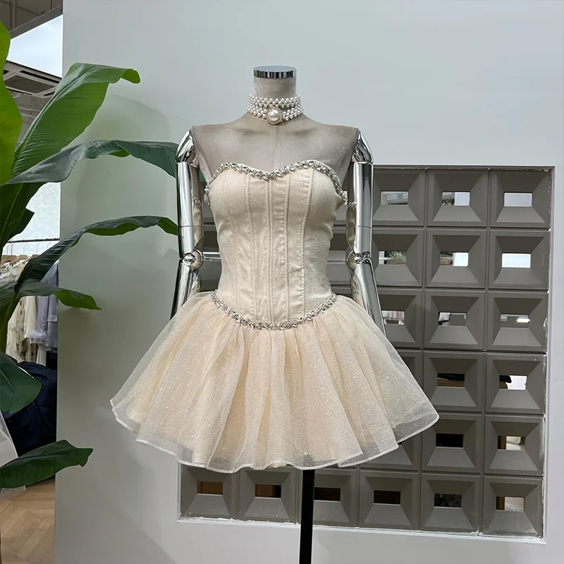 

Elegant Starry Shimmer Dust Diamond Embellished Fishbone Waist Tie Ballet Dress with Matching Short Pants Women's Dress
