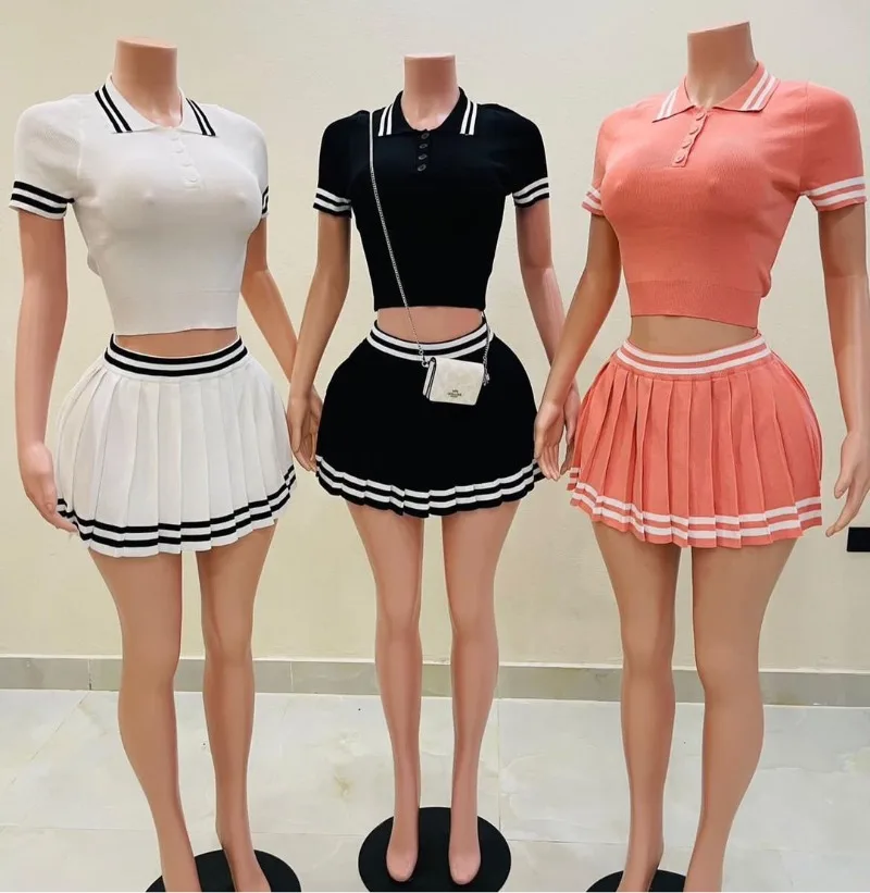 Women Summer Striped Knitted Two Piece Set Buttons Polo-neck Short Sleeve Crop Tops + Mini Pleated Skirts Y2K Streetwear Outfits