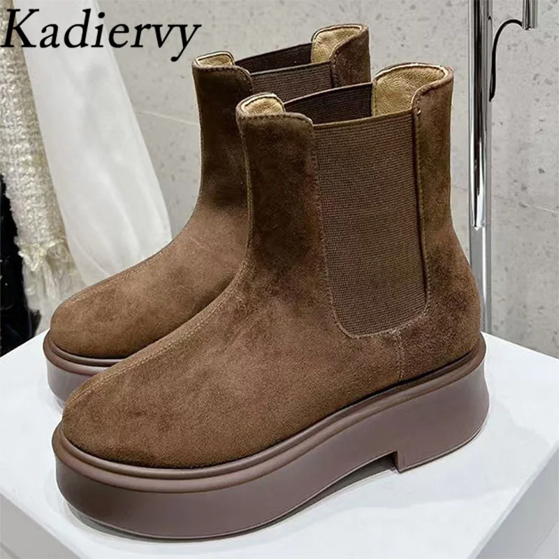 

Hot Sales Thick Sole Ankle Boots Women Round Toe Slip-on Boots Boots Flat Platform Shoes Women Suede Leather Short Boots Woman