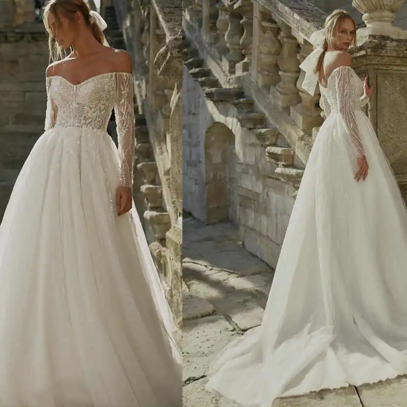 

Princess Sequins Bridal Gowns Off Shoulder Sweep Train A Line Wedding Dresses Beadeds Engagement Occasion Custom Made