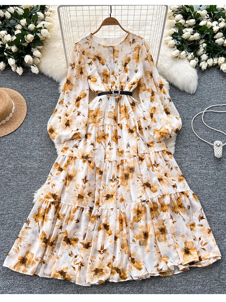 

Women's Chiffon Long Sleeve Printed Dress for Vacation Beach Style New Round Neck Lantern Sleeve Large Swing Long Dress Y08