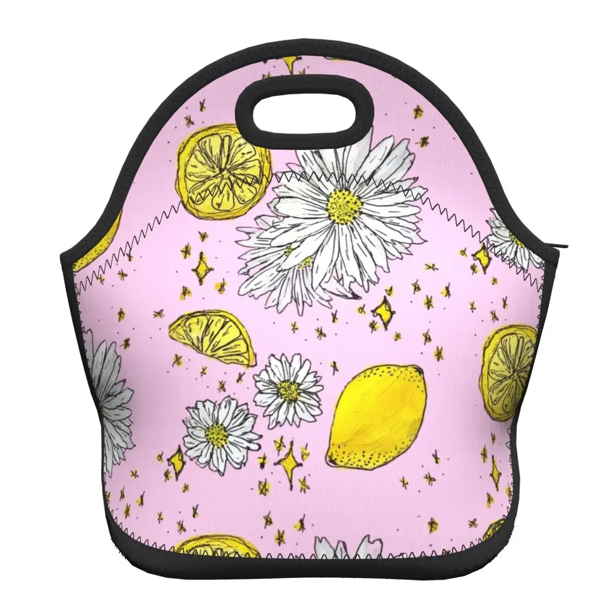 Lemon Daisy Dreams Resuable Neoprene Lunch Box Flowers Floral Pattern Cooler Thermal Food Insulated Lunch Bag School Children