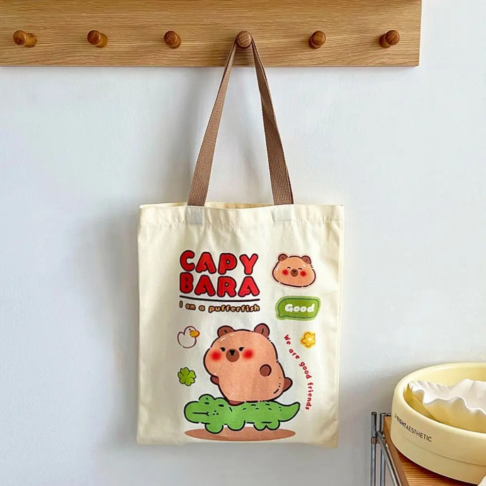 Kawaii Print Anime Cartoon Capybara Handbag Durable Large-capacity Canvas Bag Wear-resistant Reusable Shoulder Tote Bag Tablet