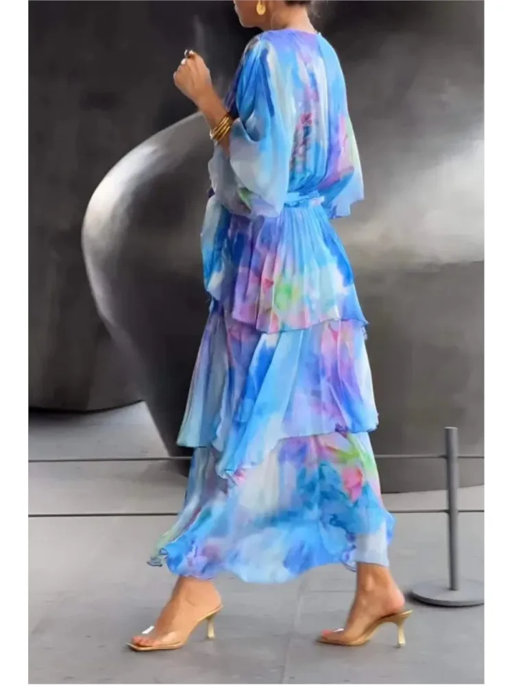 Feminino elegante chiffon impressão em camadas vestidos de festa irregulares 2025 verão moda profundo decote em v meia manga rendas vestido longo