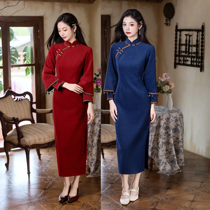 

Осень и зима 2021, новый длинный Cheongsam, темно-синий темперамент, тонкий улучшенный Cheongsam в китайском стиле Young Qipao