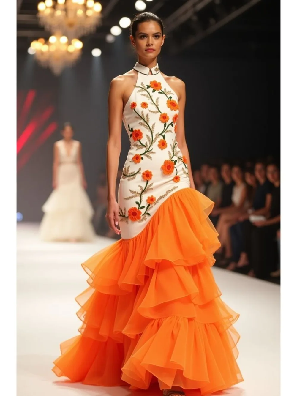 Weiß-Orange Blumenmuster Neckholder Meerjungfrauen-Maxikleid Ärmelloses Bodycon-Kleid mit Stufenrüschen am Saum Elegantes Formelles Abendkleid für Damen