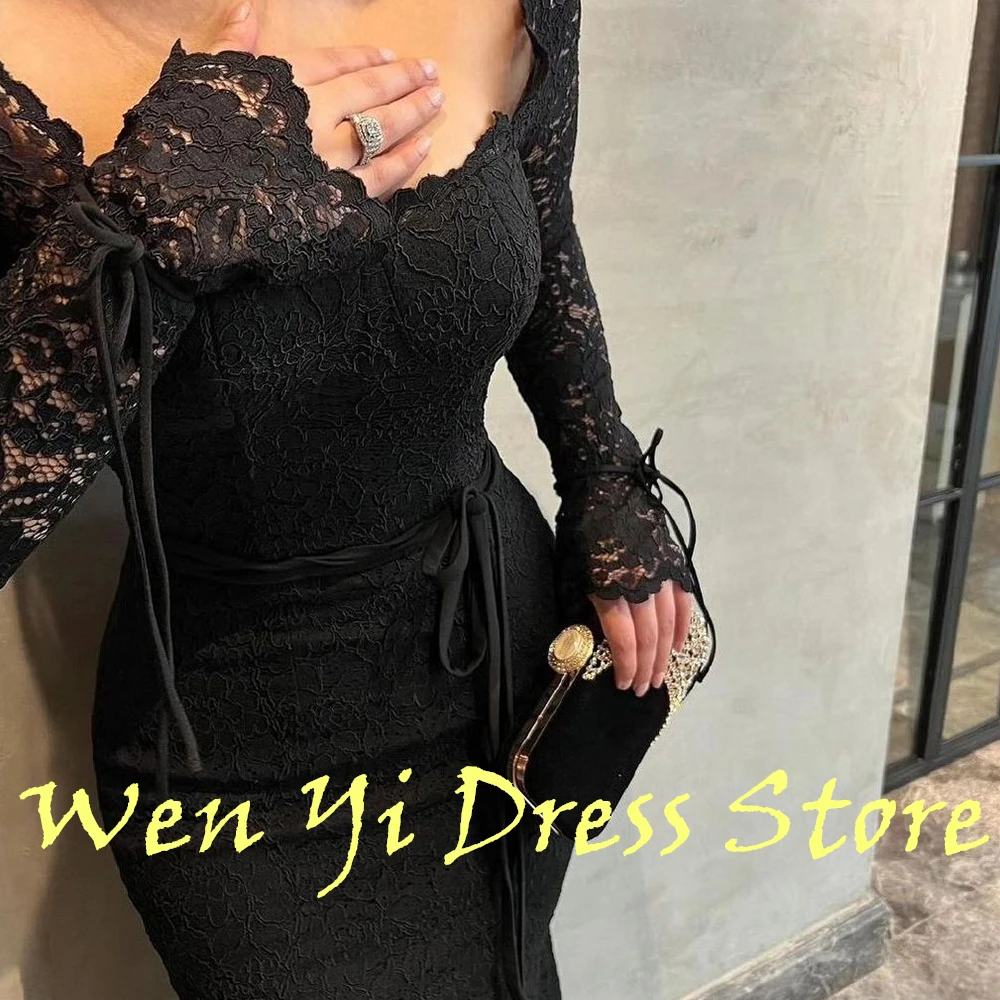 Black Lace Elegant Appliques Saudi Arabia Evening Dress Classic Straight Ankle Length Square Neck Custom Made Long Sleeves 2024