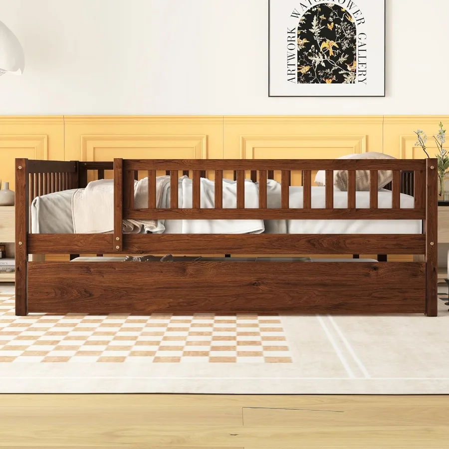 Full Size Daybed with Trundle Wood Full Platform Bed Frame with Rails No Box Spring Needed Easy Assembly for Bedroom or Guest R