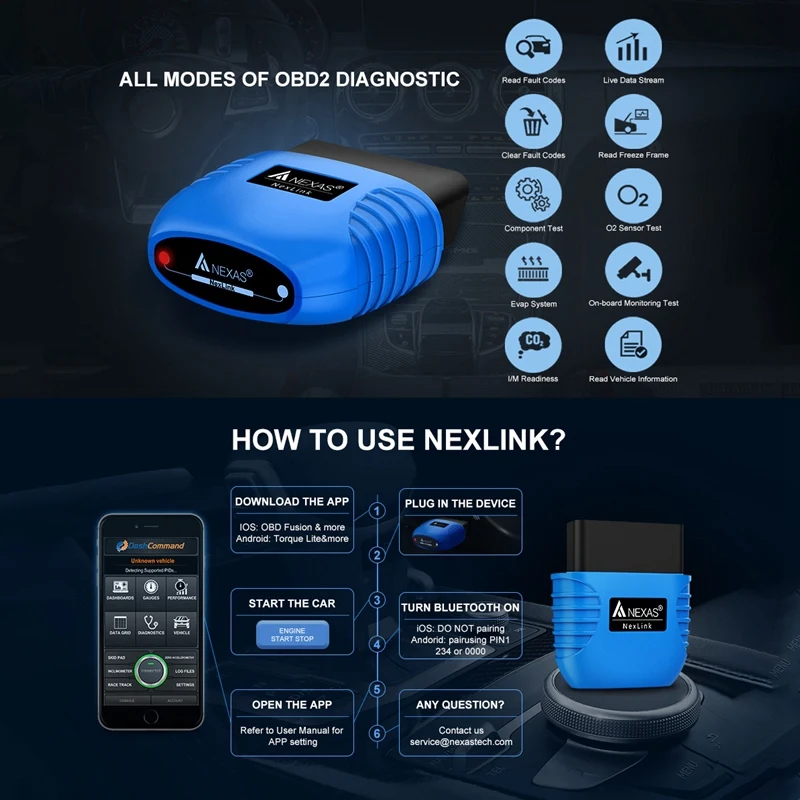 NEXAS Nexlink Bluetooth 5.0 Diagnostic Scanner For IOS & Android & PC OBD2/EOBD Fault Code Reader Diagnostic Scan Tool