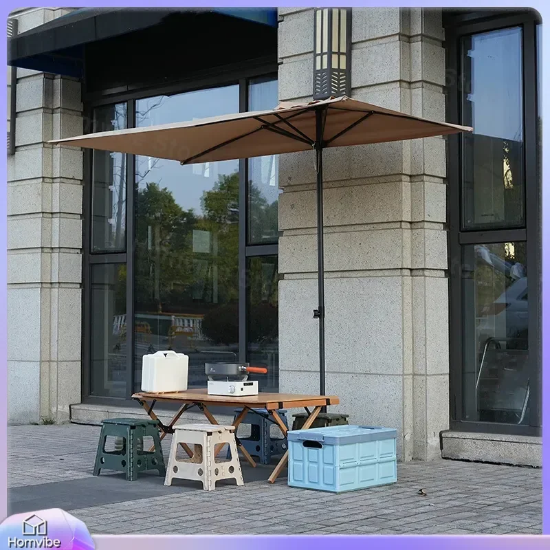 Half Wall Parasol Outdoor Retractable Lift Garden Umbrella Rectangle Balcony Sunshade Patio Furniture Shade Cover