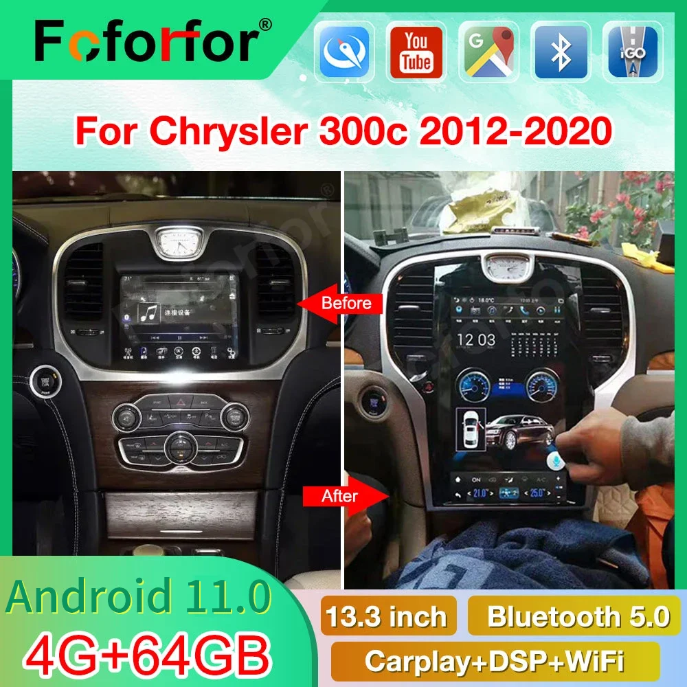 

Android 13.0 Tesla Style Screen For Chrysler 300C 2013 - 2021 Car Multimedia Player Radio GPS Navigation Audio Stereo Head Unit