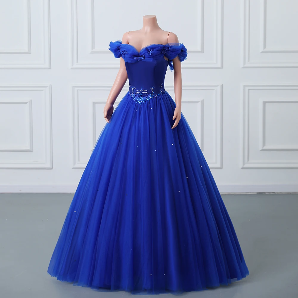 Luxury Crystal Beaded Evening Dresses Royal Blue Tulle Appliques Off Shoulder Formal Party Prom Ball Gowns Lace Up Custom Made