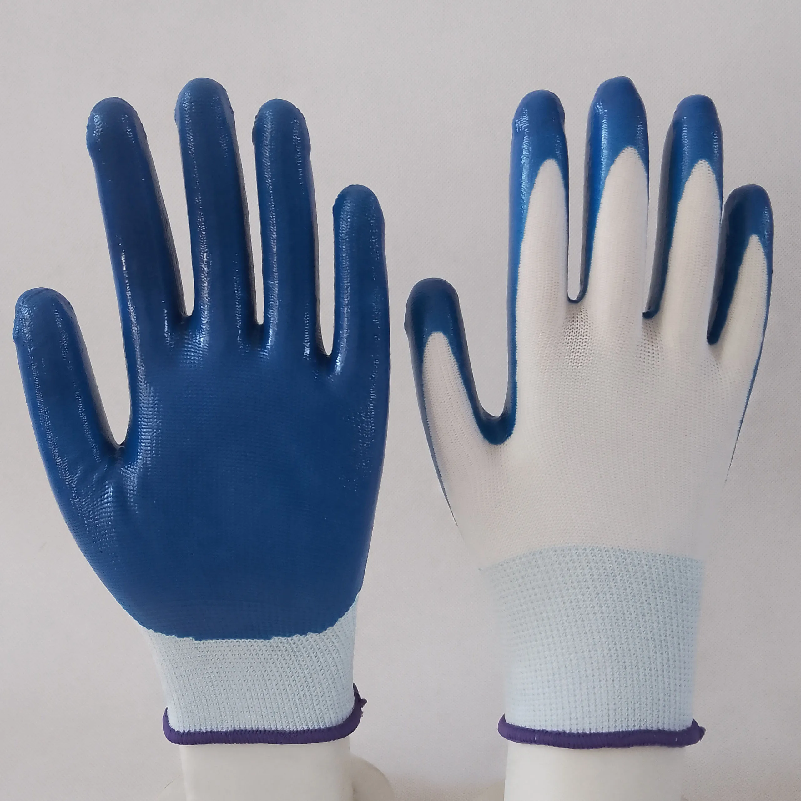 

white polyester knitted liner blue nitrile palm coated safety work gloves oem anti-slip wear-resistant gardening factory workers