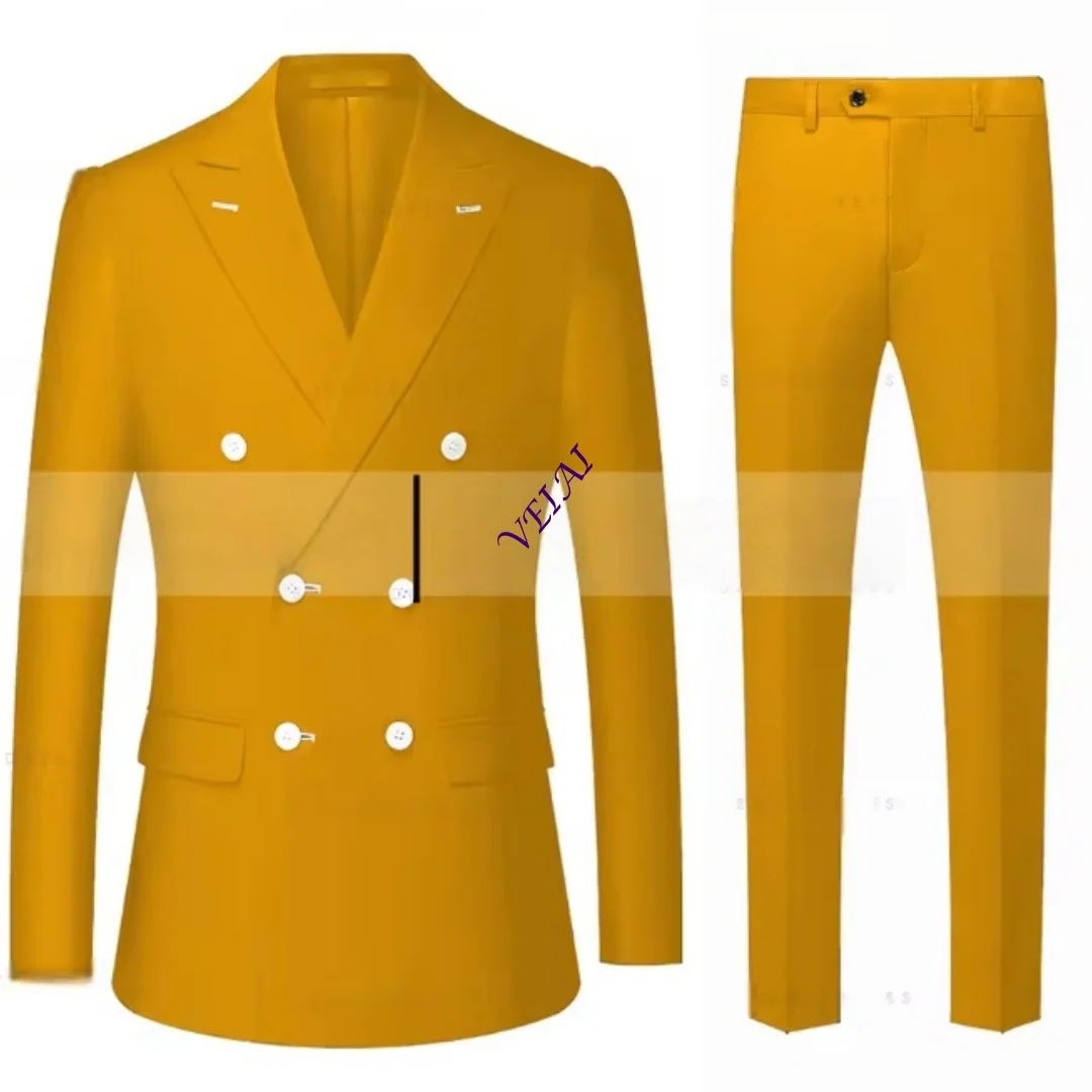 Customized2 Pieces Double Breasted Solid 2-Piece Slim Fit Mens Suit Notch Lapel One Button Tuxedo Jacket Pants Set ( Blazer+Pant