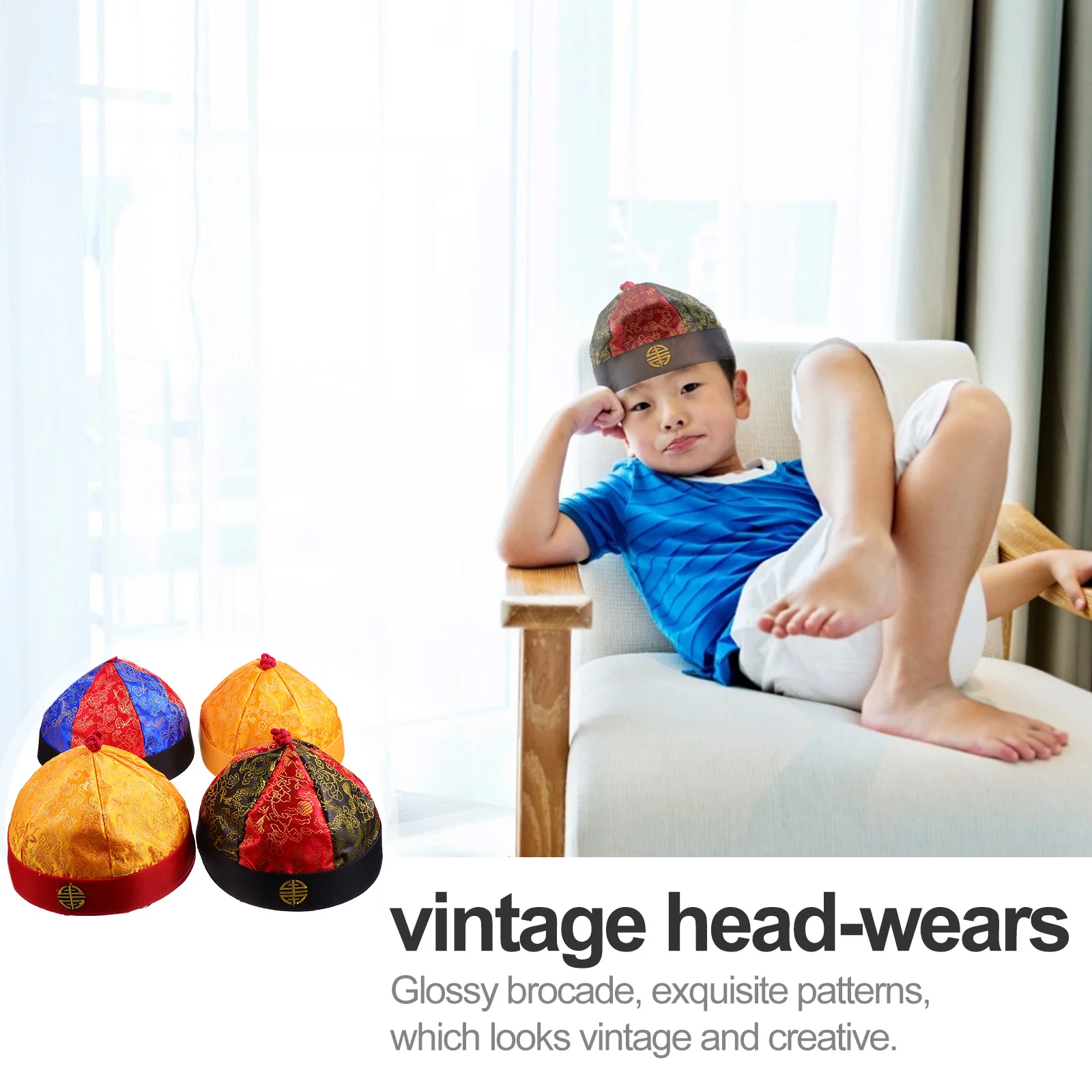 

4 pcs Retro Cloth Vintage -Play Caps With Braids Decorative Performance Creative Costume Qing Style Funny -Play Hats