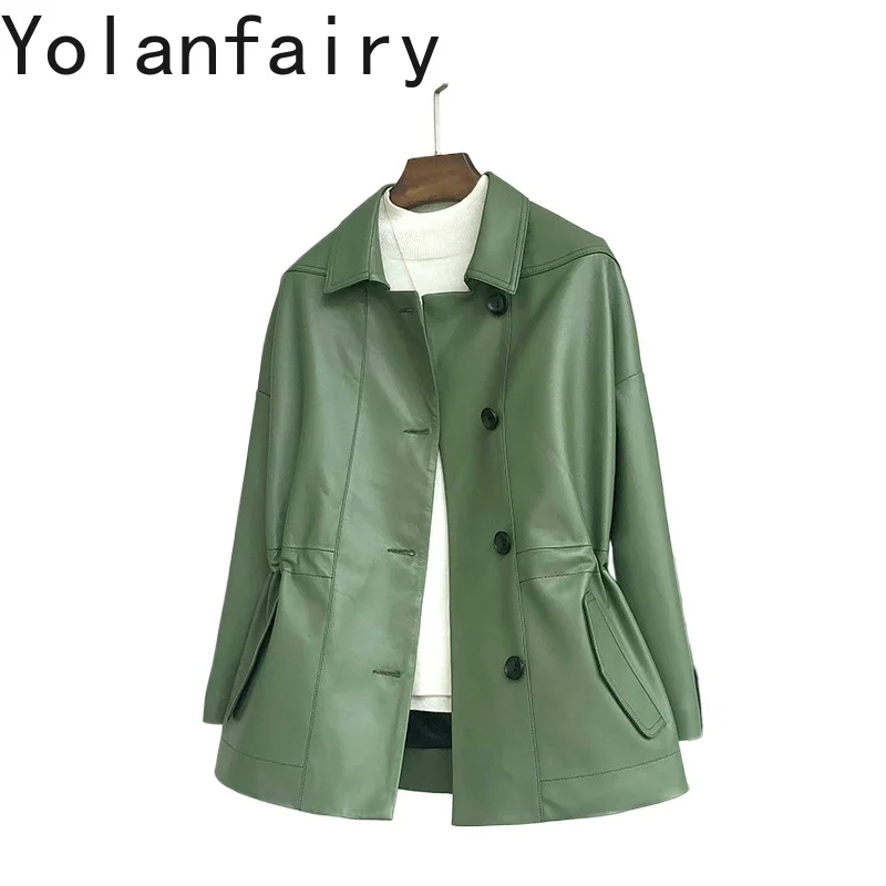 YOLANFAIRY Jaket Kulit Asli Hijau Jaket Kulit Domba 100% Kasual Wanita Mantel Musim Semi Musim Gugur Wanita Keluaran Baru Cuero Genuino 9901