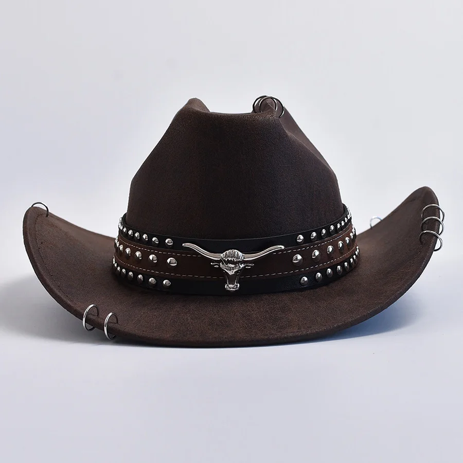Cow Head Decorate Western Cowboy Hats For Women Men Vintage Wide Brim Gentleman Cowgirl Jazz Hats Sombrero Hombre image 5