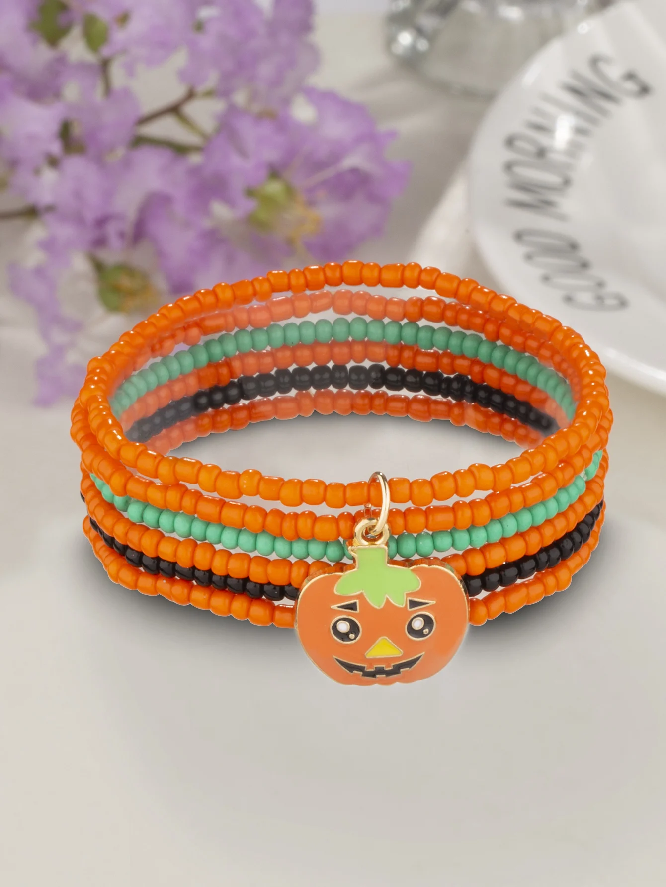 6pcs Glass Rice Beads Halloween Theme Alloy Jack-o '-Lantern Hanging Orange Bracelet Set