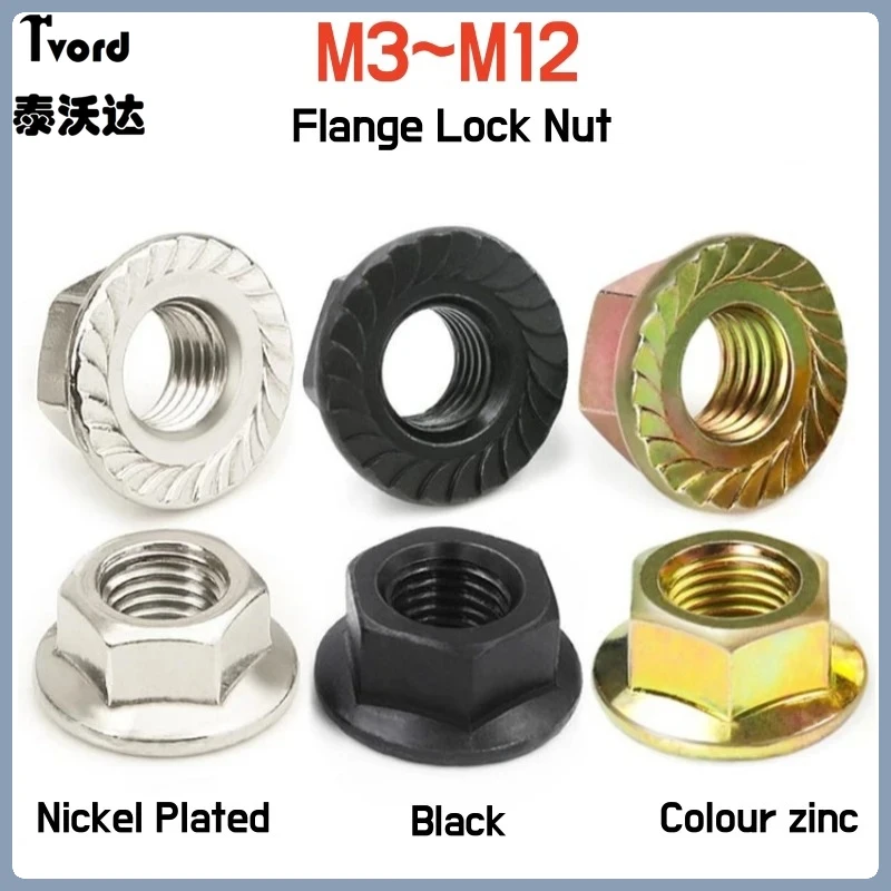 

5~100pcs M3 M4 M5 M6 M8 M10 M12 Black Carbon Steel Serrated Spinlock Hex Flange Nut Nickel-plated Color Zinc Lock Nuts