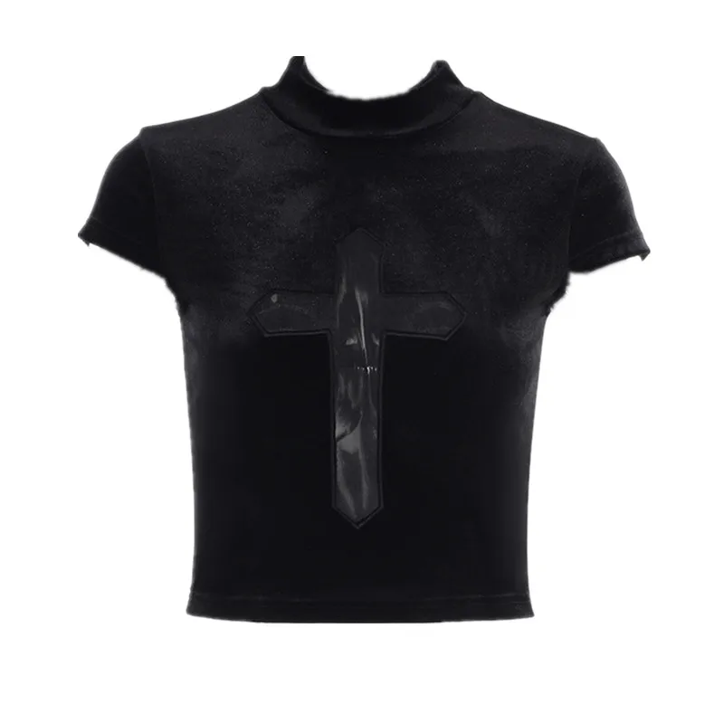 ISAROSE Gothic T-shirt for Women Sexy Hollow Out Mesh Cross Half Turtleneck Black Slim Soft Velvet Short Sleeve Summer Crop Tops