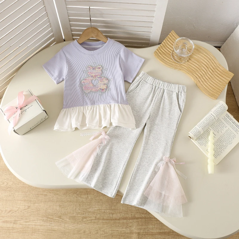 

2025 New Summer Girls T-Shirt Short Sleeve Bear Hot Diamond Top with Patchwork Mesh Flared Pants Set