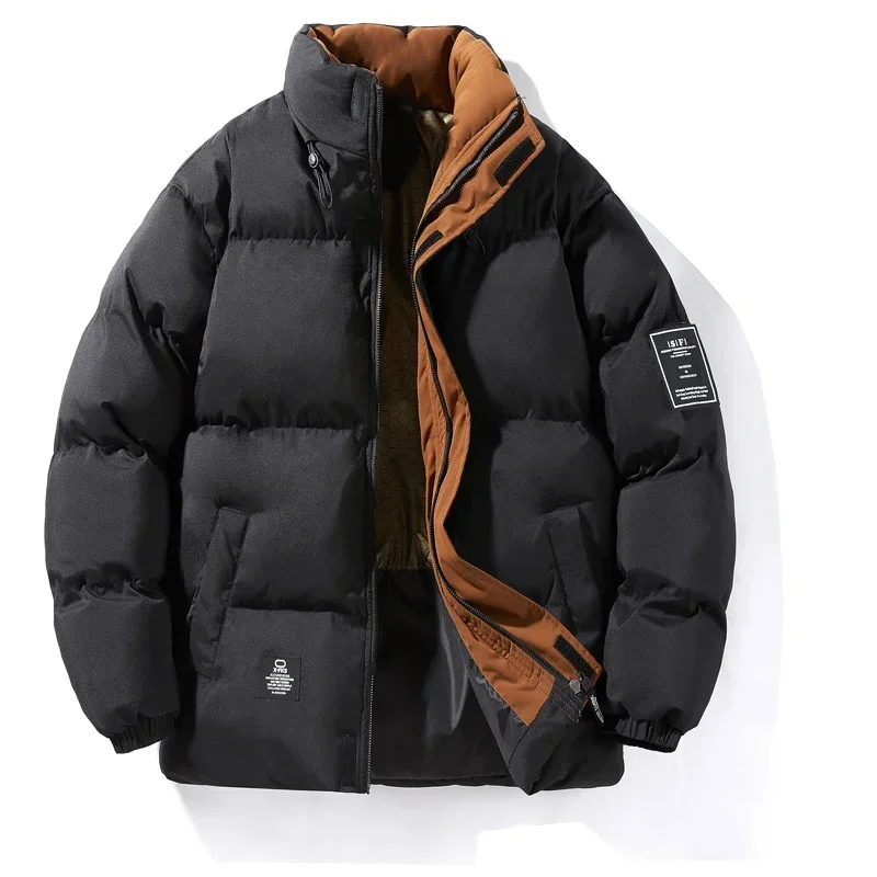 Korean Patchwork Thick Puffer Jacket Men Winter Down Parka Coat Fashion Brand Mens High Street Stand Collar Cotton-Padded Jacket