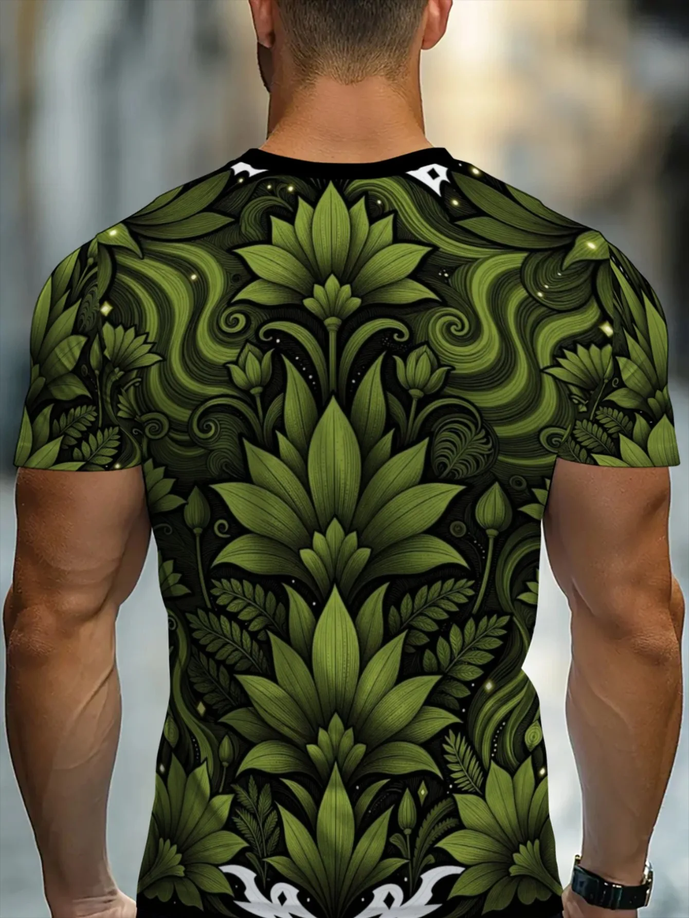 Men Black Background Green Swirl Leaf Floral 3D Print Crew Neck T Shirt Summer Short Sleeve Casual Street Tee